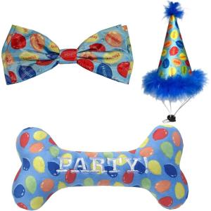 image:imageHuxley amp Kent Dog Bundle  Blue Party Time Birthday Bundle  Large  Party Hat Bow Tie Power Plush Dog Bone