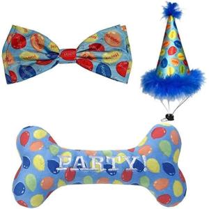image:imageHuxley amp Kent Dog Bundle  Blue Party Time Birthday Bundle  Small  Party Hat Bow Tie Power Plush Dog Bone