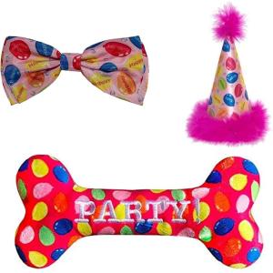 image:imageLulubelles Huxley amp Kent Dog Bundle  Pink Party Time Birthday Bundle  Small  Party Hat Bow Tie Power Plush Dog Bone