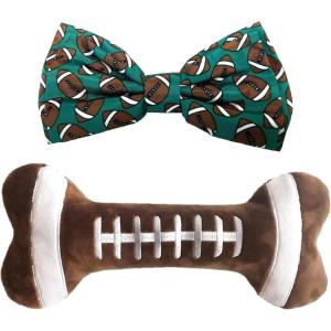 image:imageHuxley amp Kent Dog Bundle  Small Football Bone amp Small Football Bowtie  Plush Dog Toy and Hook amp Loop Collar Attachment